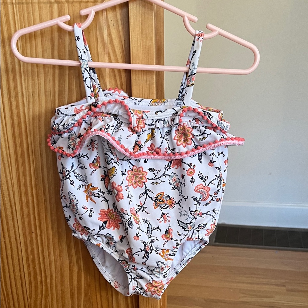 Janie and Jack Floral Ruffle One-Piece Swimsuit in White & Peach 6-12 months
